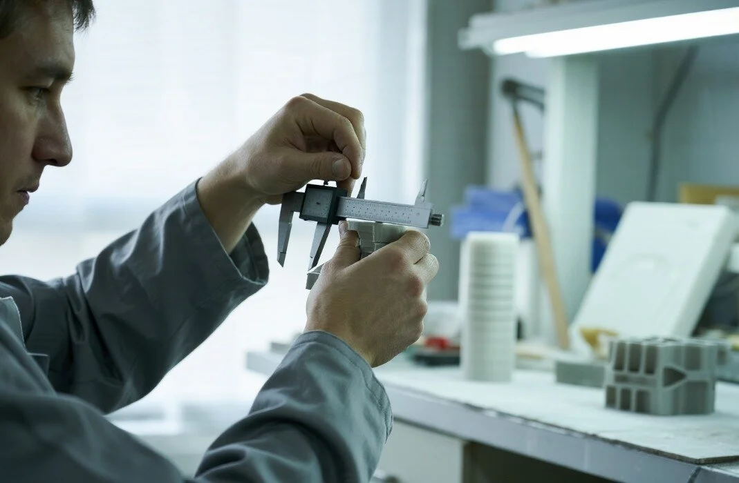 Technician measuring custom CNC machined metal part dimension with precision caliper