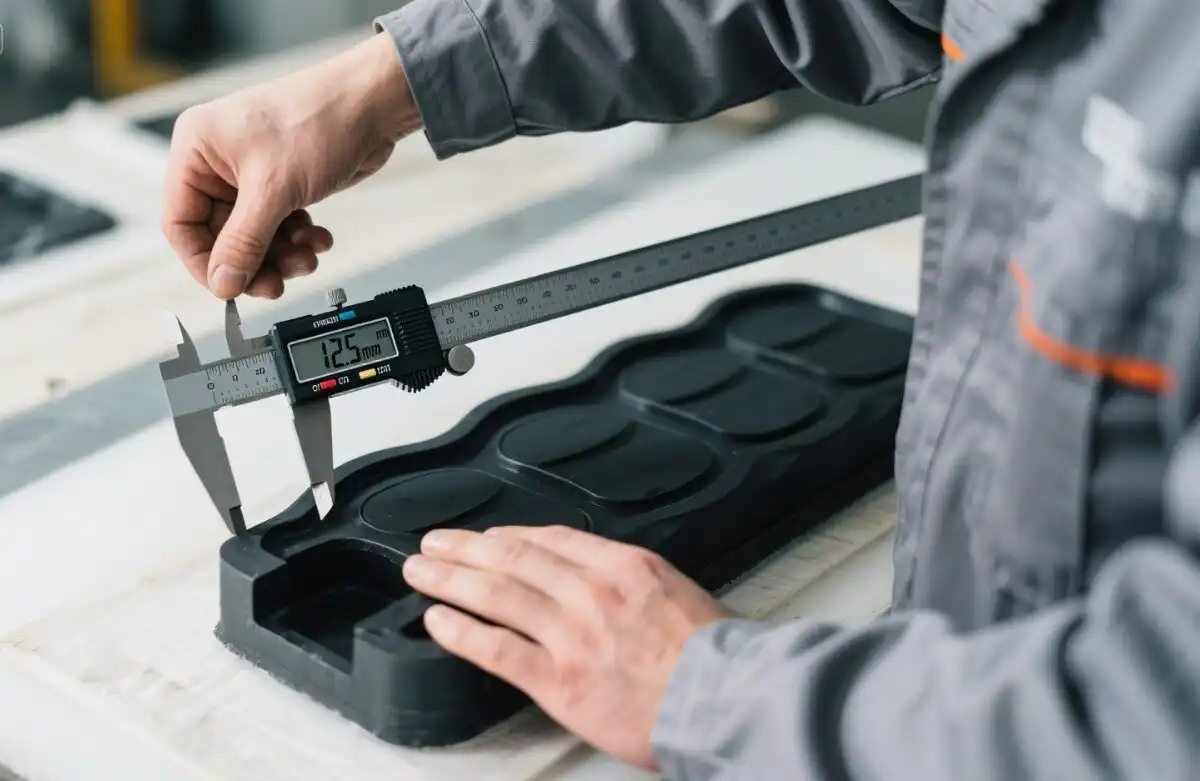 Inspector uses digital caliper to check dimension of CNC rapid prototype part for hardware development Inspector uses digital caliper to check dimension of CNC rapid prototype part for hardware development
