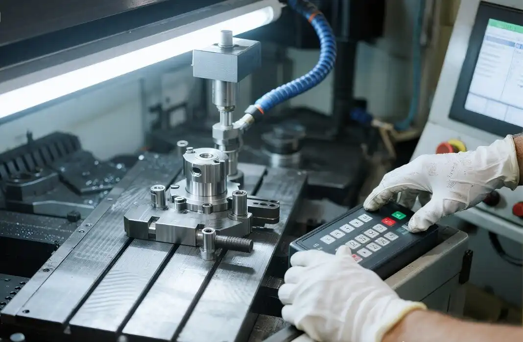 Operator programs and operates vertical 3-axis CNC machining center in ISO certified factory Operator programs and operates vertical 3-axis CNC machining center in ISO certified factory