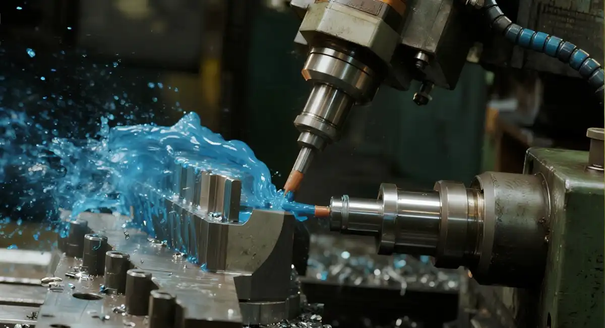CNC milling cutting process with flood coolant for metal precision machining