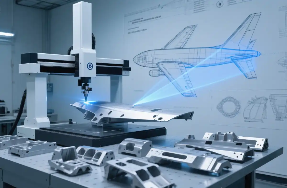 CMM coordinate measuring machine inspect 5-axis machined aerospace component against aircraft drawing