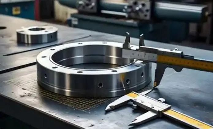 Quality inspector uses caliper to check dimensional tolerance of 3-axis machined part