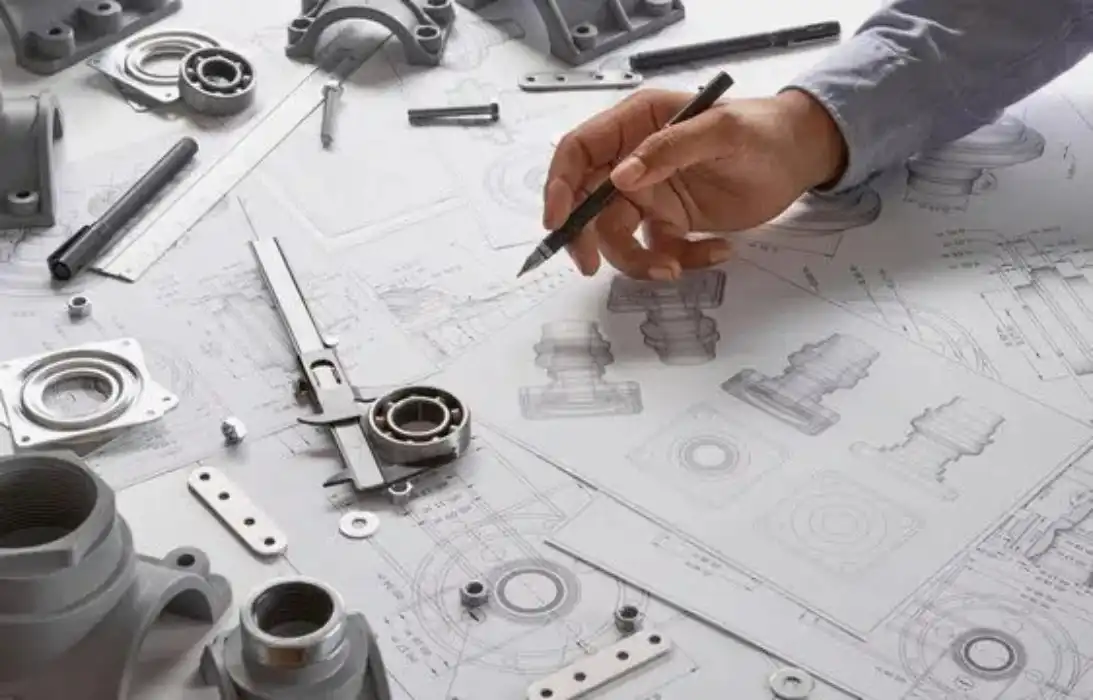 Engineer reviews engineering drawings and machined parts Engineer reviews engineering drawings and machined parts