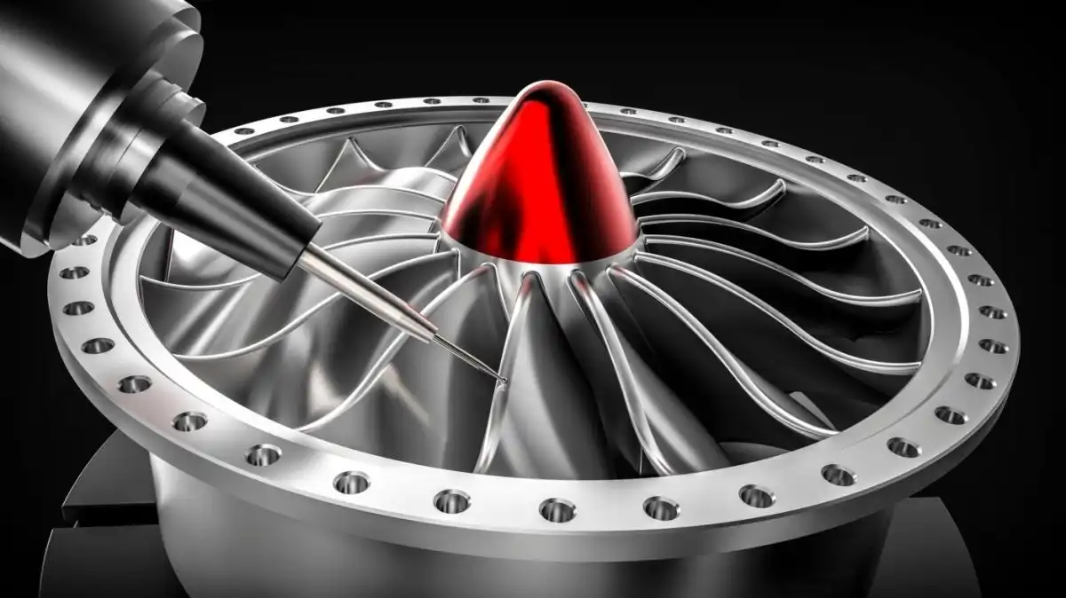 High precision CNC machined turbine component under measurement for tight tolerance verification