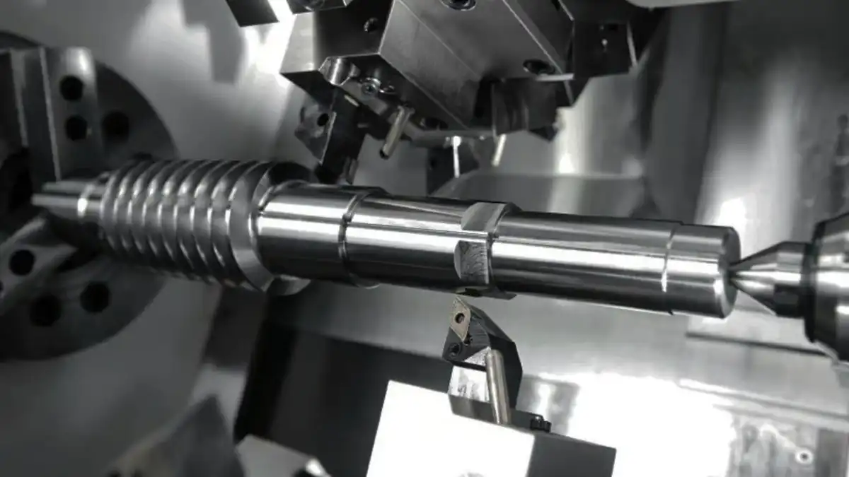 CNC turning operation for precision metal shaft, subtractive manufacturing for rapid prototype