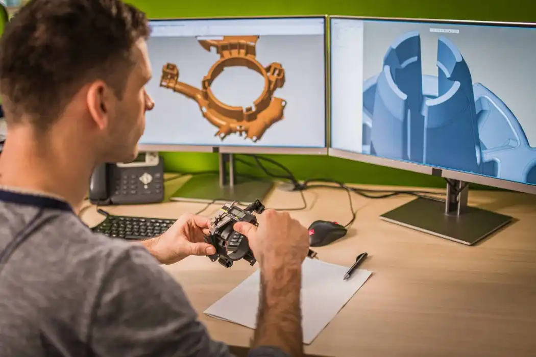 Engineer inspecting CAD 3D model and part for DFM review before CNC machining Engineer inspecting CAD 3D model and part for DFM review before CNC machining
