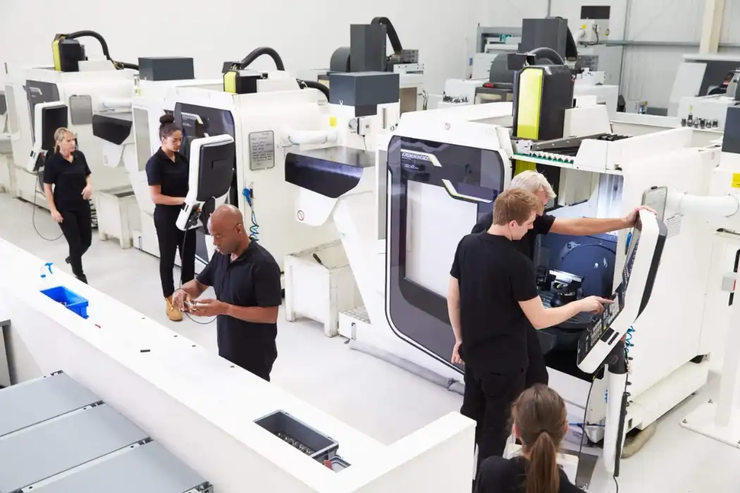 Modern CNC workshop with multi-axis machining centers, quality controlled rapid prototyping production
