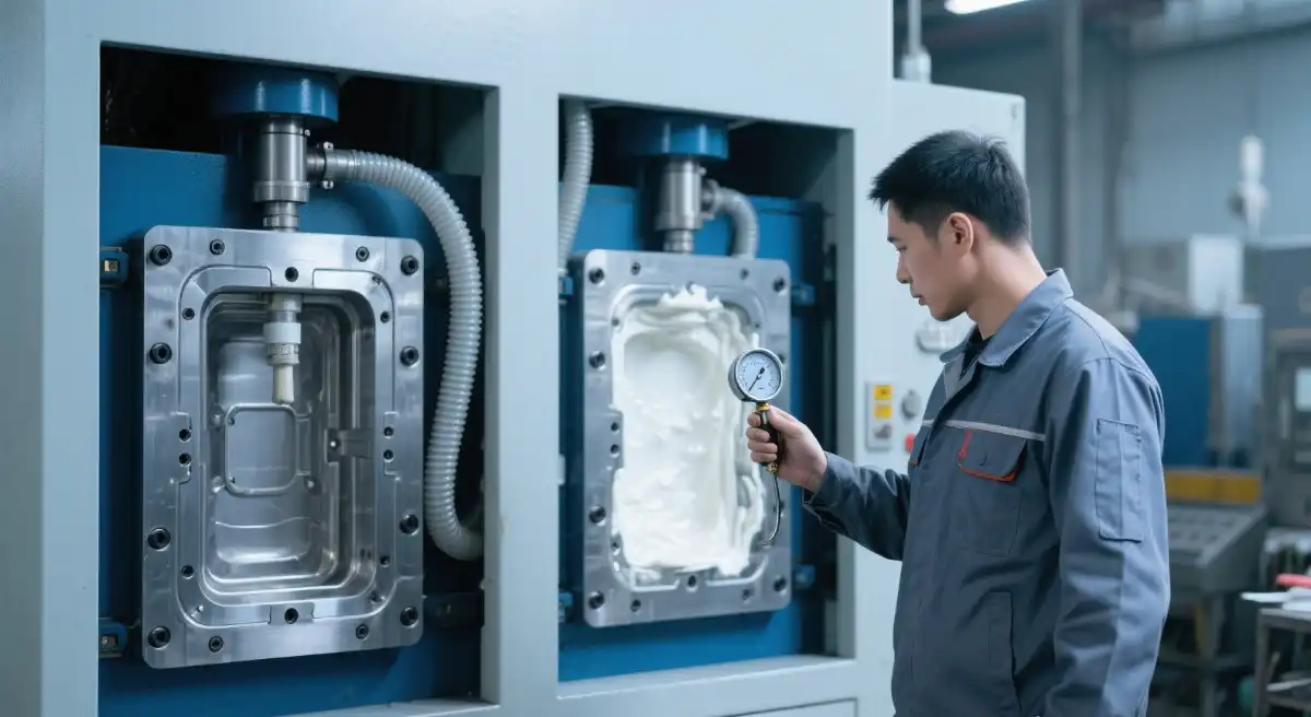 Factory worker inspecting large CNC machining center in precision component manufacturing workshop Factory worker inspecting large CNC machining center in precision component manufacturing workshop