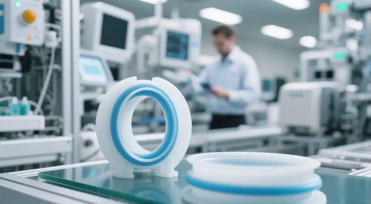 Factory technical lab with engineers and high-performance polymer and metal precision components Factory technical lab with engineers and high-performance polymer and metal precision components