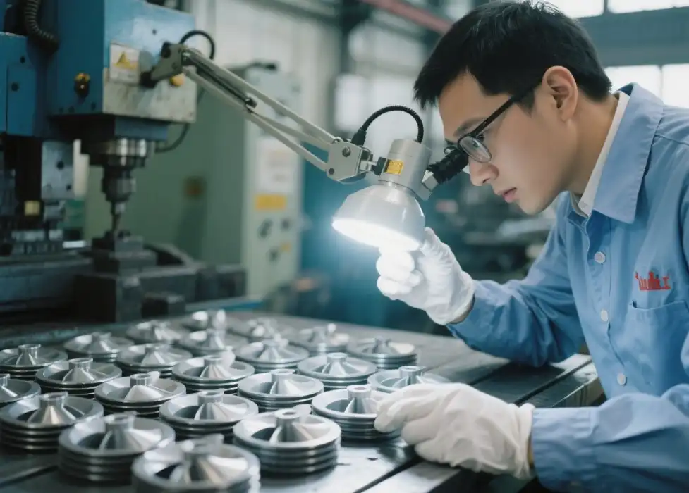 Quality inspector in clean coat examining precision CNC machined parts under magnifying inspection lamp Quality inspector in clean coat examining precision CNC machined parts under magnifying inspection lamp