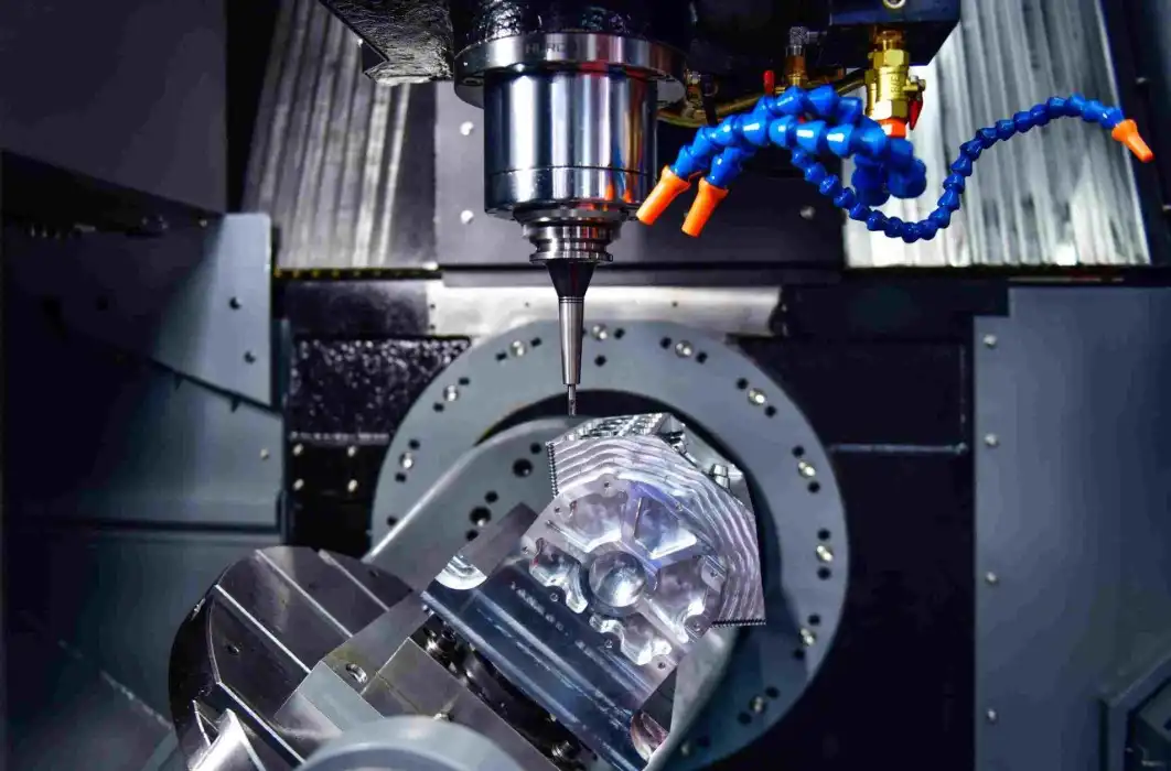 Close-up of CNC machining center cutting metal component with blue coolant spray, precision milling process Close-up of CNC machining center cutting metal component with blue coolant spray, precision milling process
