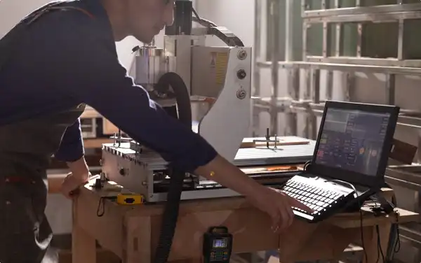 Engineer reviewing CNC machined parts and engineering files on laptop at workshop workbench Engineer reviewing CNC machined parts and engineering files on laptop at workshop workbench